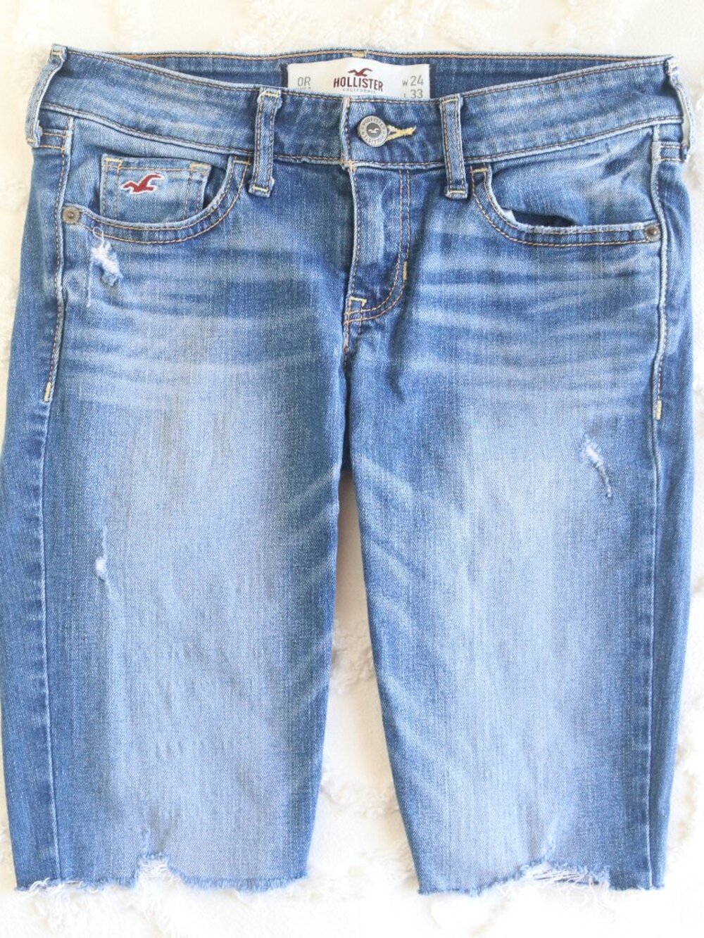 Hollister | Distressed Denim Bermuda Cutoff Long Jean Shorts Jorts Size 0R 24x33